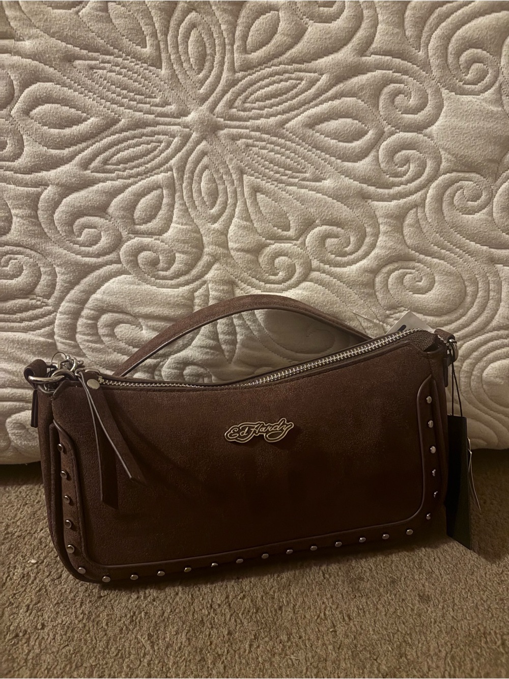 Ed Hardy Dark Brown Suede crossbody Bag with Stud Trim